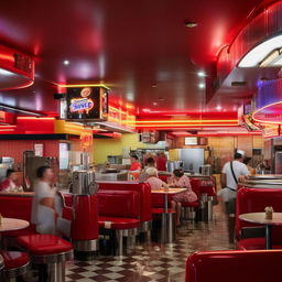 A bustling 1950s diner with neon lights, jukebox, red vinyl booths, waitresses in vintage uniforms, and patrons enjoying burgers and milkshakes.