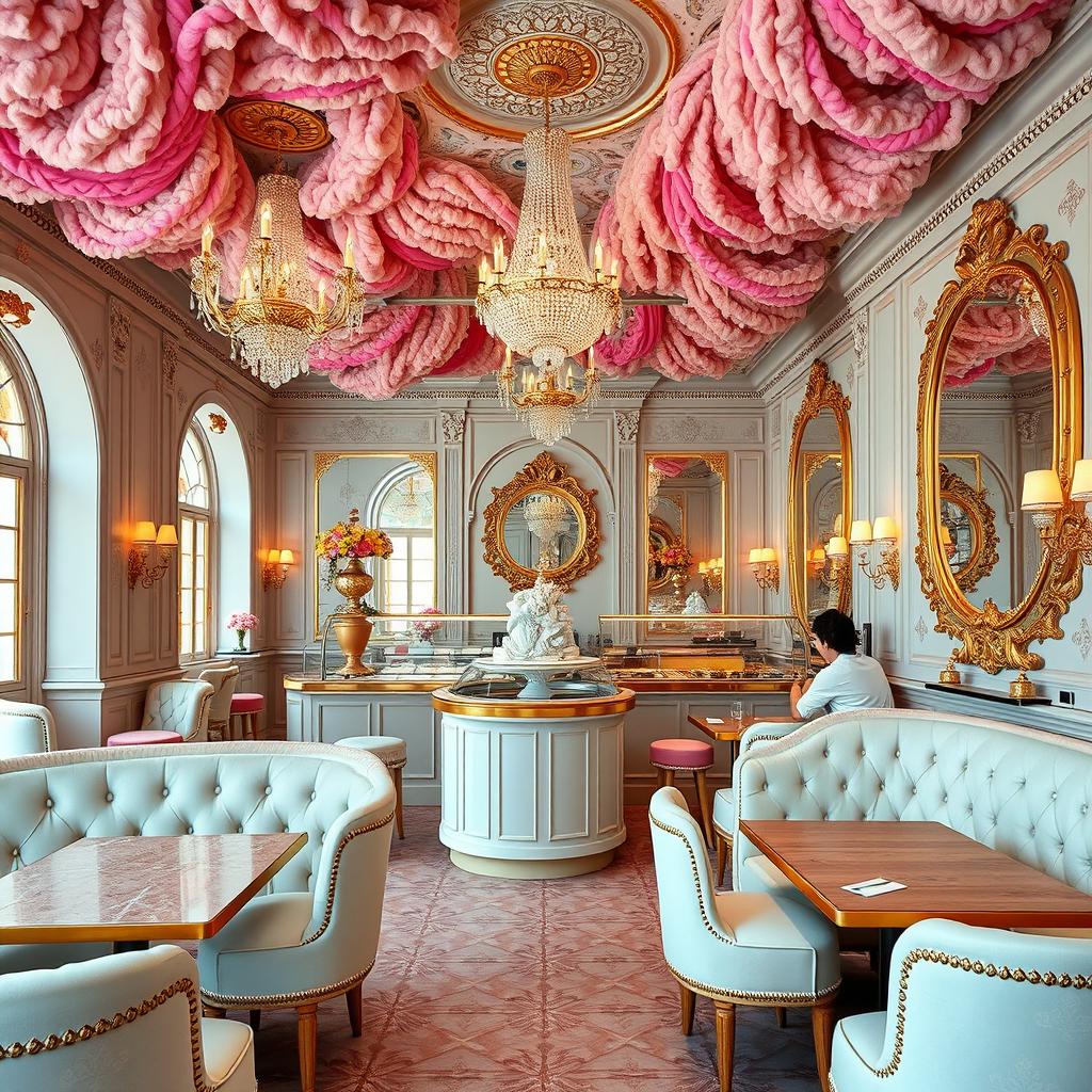 An opulent ice cream cafe interior designed with a playful curly-haired theme, exuding luxury and elegance