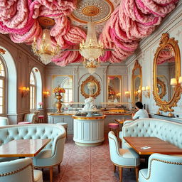 An opulent ice cream cafe interior designed with a playful curly-haired theme, exuding luxury and elegance