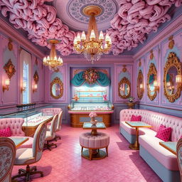 An opulent ice cream cafe interior designed with a playful curly-haired theme, exuding luxury and elegance