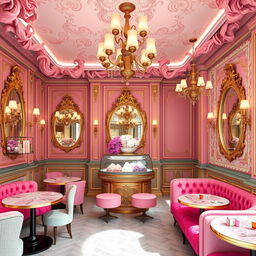An opulent ice cream cafe interior designed with a playful curly-haired theme, exuding luxury and elegance