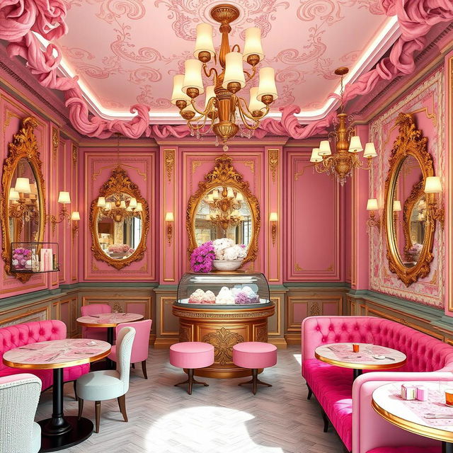 An opulent ice cream cafe interior designed with a playful curly-haired theme, exuding luxury and elegance