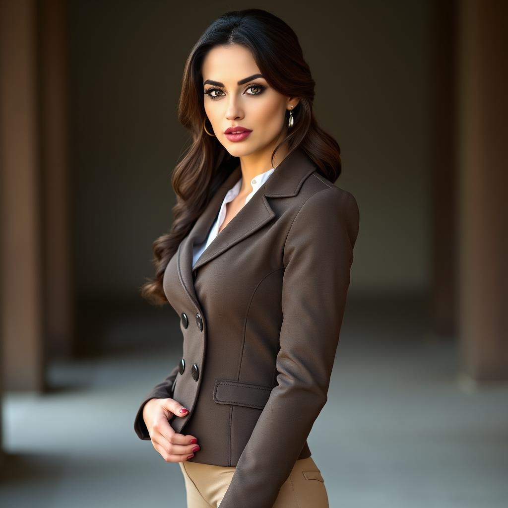 A stunning 30-year-old woman, elegantly dressed in an equestrian instructor outfit, stands facing the camera with a provocative and confident expression