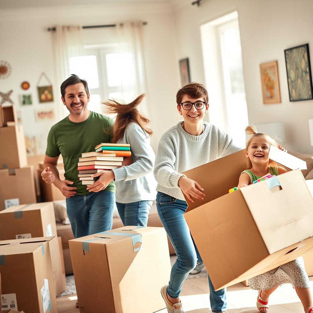 A lively scene showing a family during their moving day, in a bright and cheerful living room