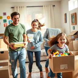 A lively scene showing a family during their moving day, in a bright and cheerful living room