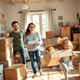 A lively scene showing a family during their moving day, in a bright and cheerful living room