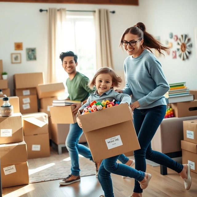 A lively scene showing a family during their moving day, in a bright and cheerful living room