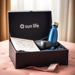 A luxurious gift box opened to reveal a sleek Meta Quest VR headset, a stylish insulated water bottle, and a letter inside