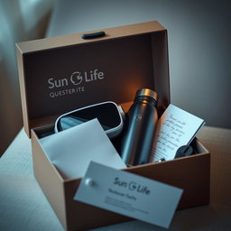 A luxurious gift box opened to reveal a sleek Meta Quest VR headset, a stylish insulated water bottle, and a letter inside