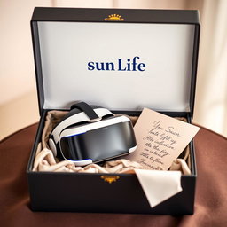 A luxurious gift box opened to reveal a sleek Meta Quest VR headset, a stylish insulated water bottle, and a letter inside