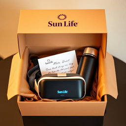 A luxurious gift box opened to reveal a sleek Meta Quest VR headset, a stylish insulated water bottle, and a letter inside