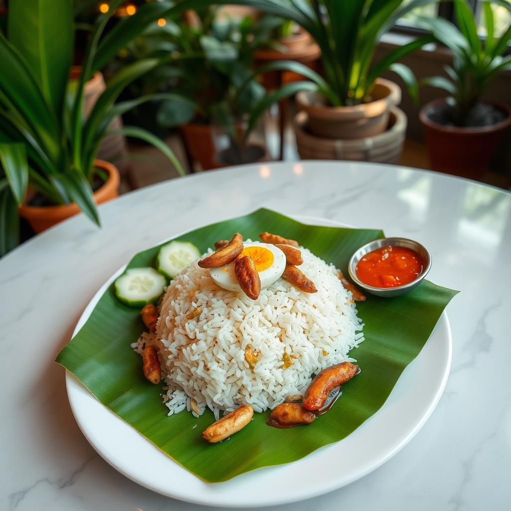 A serene and picturesque view of Nasi Lemak, a Malaysian dish featuring fragrant rice cooked in coconut milk, served with fried crispy anchovies, peanuts, and a hard-boiled egg