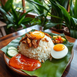 A serene and picturesque view of Nasi Lemak, a Malaysian dish featuring fragrant rice cooked in coconut milk, served with fried crispy anchovies, peanuts, and a hard-boiled egg