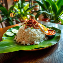 A serene and picturesque view of Nasi Lemak, a Malaysian dish featuring fragrant rice cooked in coconut milk, served with fried crispy anchovies, peanuts, and a hard-boiled egg