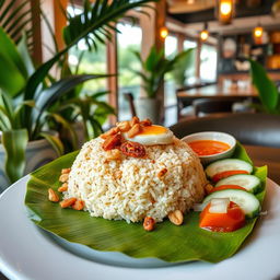 A serene and picturesque view of Nasi Lemak, a Malaysian dish featuring fragrant rice cooked in coconut milk, served with fried crispy anchovies, peanuts, and a hard-boiled egg