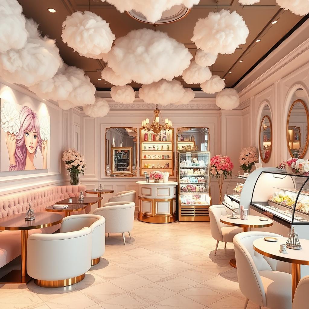 A luxurious ice cream café interior designed in a fluffy hair theme, featuring elegant furniture and decor