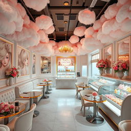 A luxurious ice cream café interior designed in a fluffy hair theme, featuring elegant furniture and decor