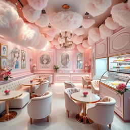 A luxurious ice cream café interior designed in a fluffy hair theme, featuring elegant furniture and decor