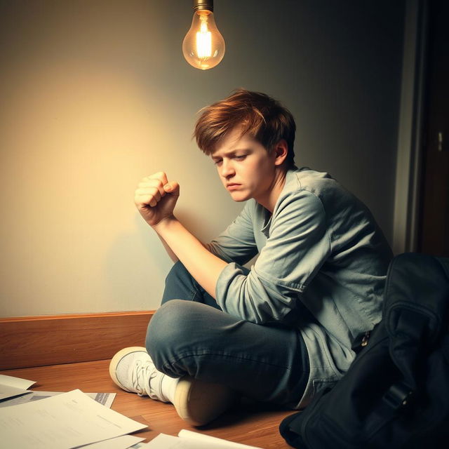 A 17-year-old teenager sitting on the floor with their back against a wall, looking distraught and crying