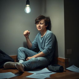 A 17-year-old teenager sitting on the floor with their back against a wall, looking distraught and crying
