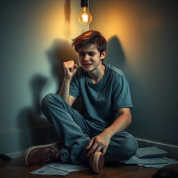 A 17-year-old teenager sitting on the floor with their back against a wall, looking distraught and crying