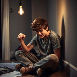 A 17-year-old teenager sitting on the floor with their back against a wall, looking distraught and crying