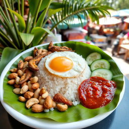 A beautifully arranged plate of Nasi Lemak, showcasing fragrant coconut milk rice served in a banana leaf