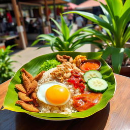 A beautifully arranged plate of Nasi Lemak, showcasing fragrant coconut milk rice served in a banana leaf