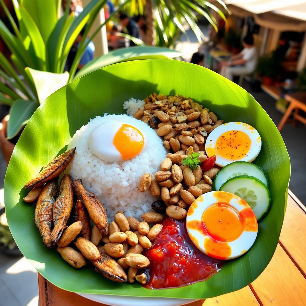 A beautifully arranged plate of Nasi Lemak, showcasing fragrant coconut milk rice served in a banana leaf