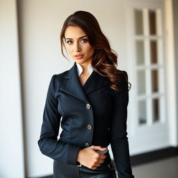 A beautiful 30-year-old woman, dressed in a chic equestrian instructor outfit, stands facing the camera with a provocative and confident expression