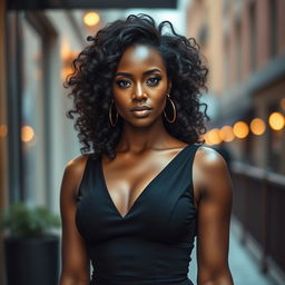 A captivating portrait of a stunning black woman with striking features, wearing an elegant fitted dress that accentuates her curves