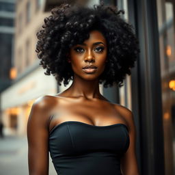 A captivating portrait of a stunning black woman with striking features, wearing an elegant fitted dress that accentuates her curves