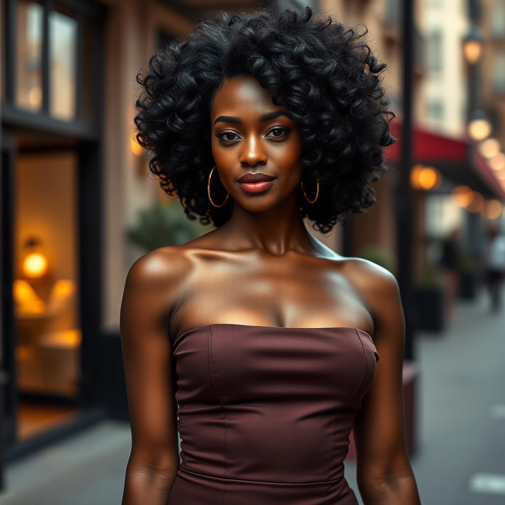 A captivating portrait of a stunning black woman with striking features, wearing an elegant fitted dress that accentuates her curves