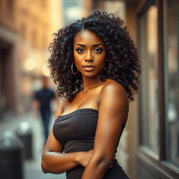 A captivating portrait of a stunning black woman with striking features, wearing an elegant fitted dress that accentuates her curves