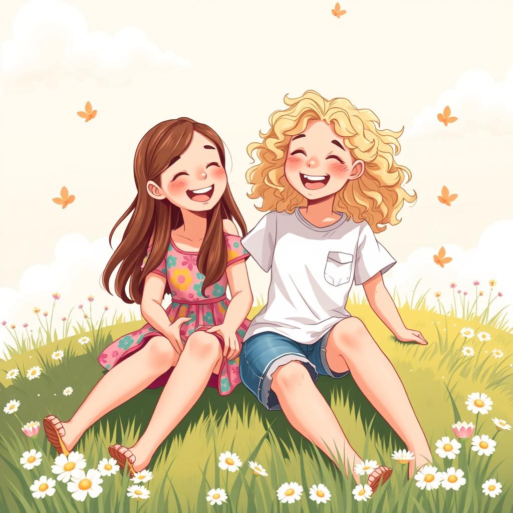 A heartwarming illustration of two best friends, both girls, laughing and sharing secrets