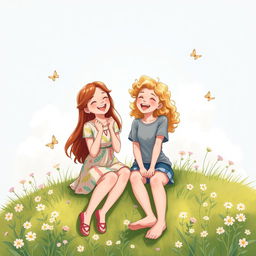 A heartwarming illustration of two best friends, both girls, laughing and sharing secrets