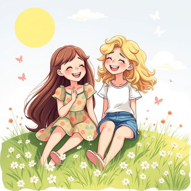 A heartwarming illustration of two best friends, both girls, laughing and sharing secrets