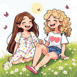 A heartwarming illustration of two best friends, both girls, laughing and sharing secrets