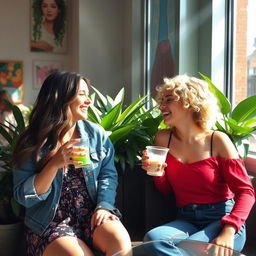 Two girls sitting in a cozy, sunlit café, enjoying their drinks and laughing together