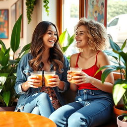 Two girls sitting in a cozy, sunlit café, enjoying their drinks and laughing together