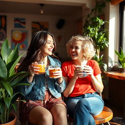 Two girls sitting in a cozy, sunlit café, enjoying their drinks and laughing together