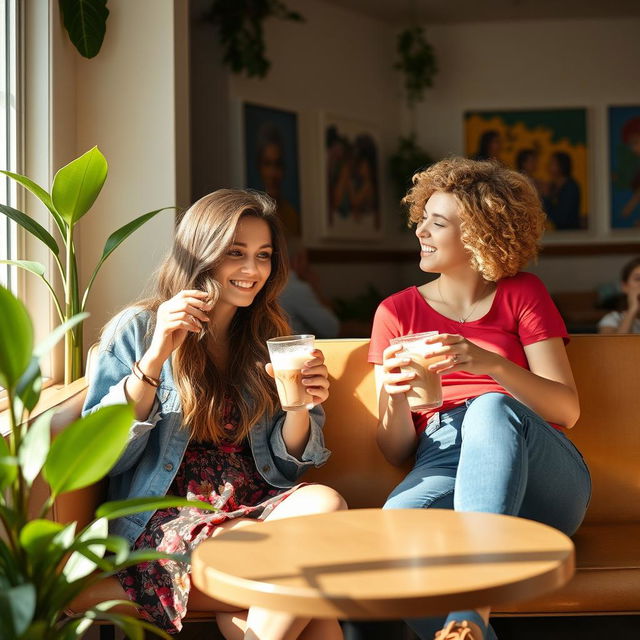 Two girls sitting in a cozy, sunlit café, enjoying their drinks and laughing together