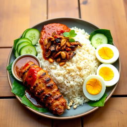 A beautifully plated Nasi Lemak dish featuring fragrant coconut rice, accompanied by perfectly grilled chicken, served with sambal, crispy anchovies, sliced cucumber, and soft boiled eggs