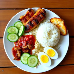 A beautifully plated Nasi Lemak dish featuring fragrant coconut rice, accompanied by perfectly grilled chicken, served with sambal, crispy anchovies, sliced cucumber, and soft boiled eggs