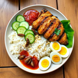 A beautifully plated Nasi Lemak dish featuring fragrant coconut rice, accompanied by perfectly grilled chicken, served with sambal, crispy anchovies, sliced cucumber, and soft boiled eggs