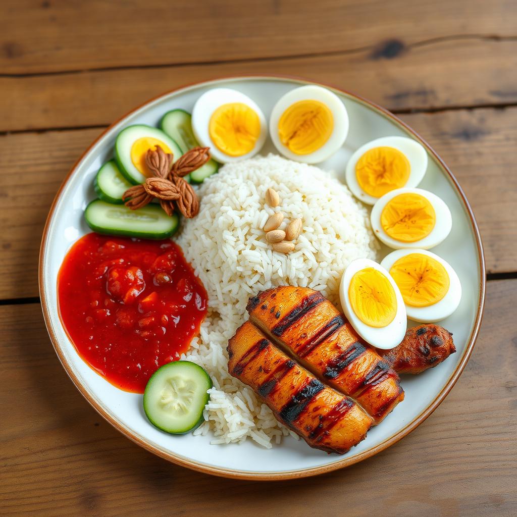 A beautifully plated Nasi Lemak dish featuring fragrant coconut rice, accompanied by perfectly grilled chicken, served with sambal, crispy anchovies, sliced cucumber, and soft boiled eggs