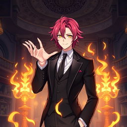 An elegant and sexy male character resembling Akaza from Kimetsu No Yaiba, featuring magenta hair and expressive yellow eyes