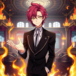 An elegant and sexy male character resembling Akaza from Kimetsu No Yaiba, featuring magenta hair and expressive yellow eyes