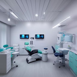 A modern, clean, and well-lit dental clinic with state-of-the-art dental equipment, comfortable seating in the waiting area and reassuring, calming colors on the walls.