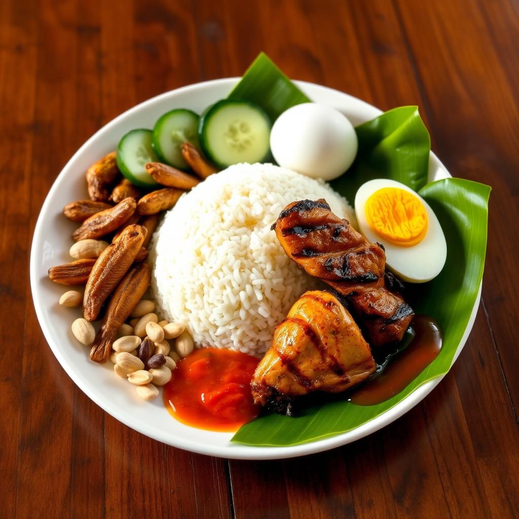 A beautifully presented plate of traditional Nasi Lemak, featuring fragrant coconut rice shaped in a small mound, accompanied by perfectly grilled chicken marinated with spices